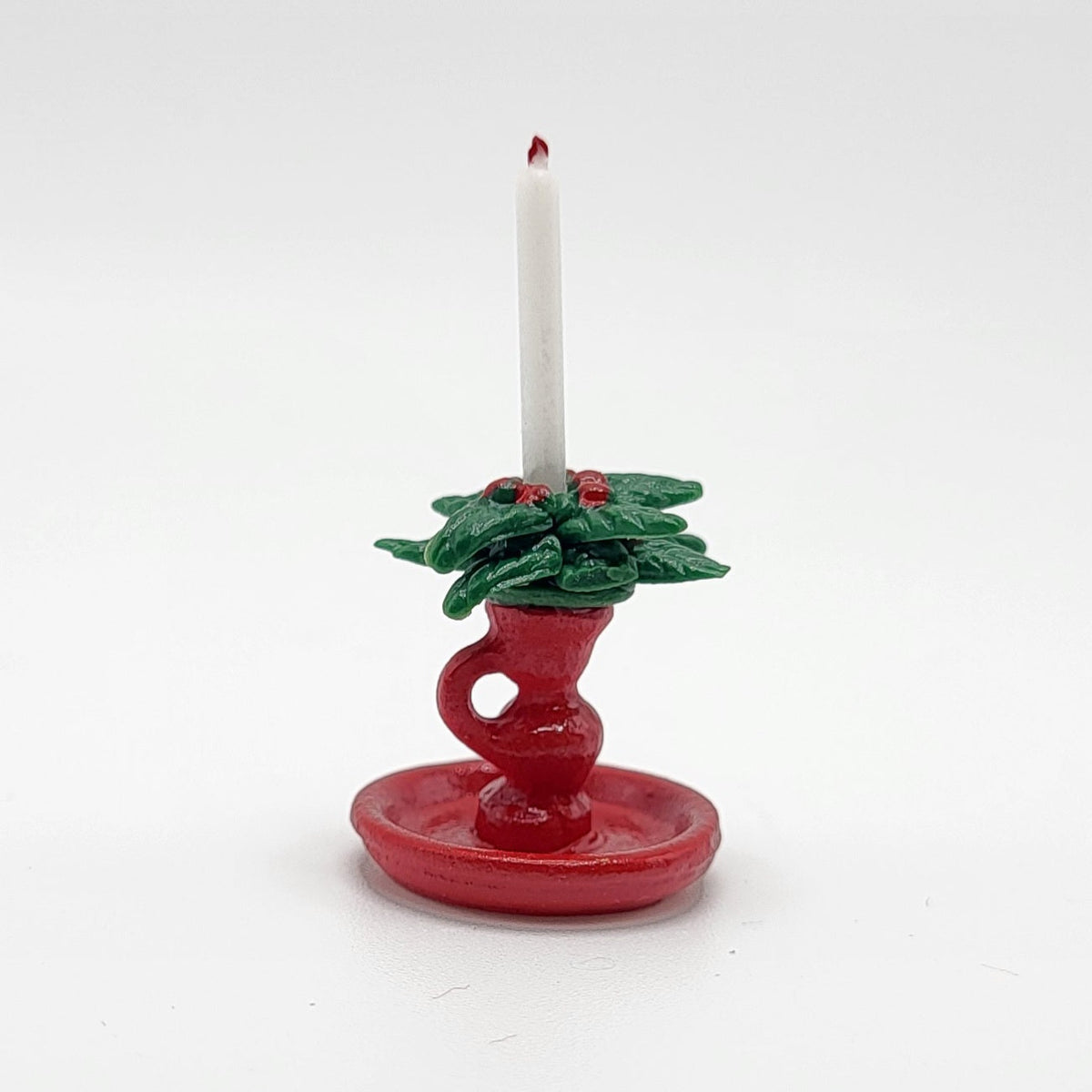 Christmas Candle - Red Base with Greenery and Candle - 1/12 Scale Dollhouse Miniature