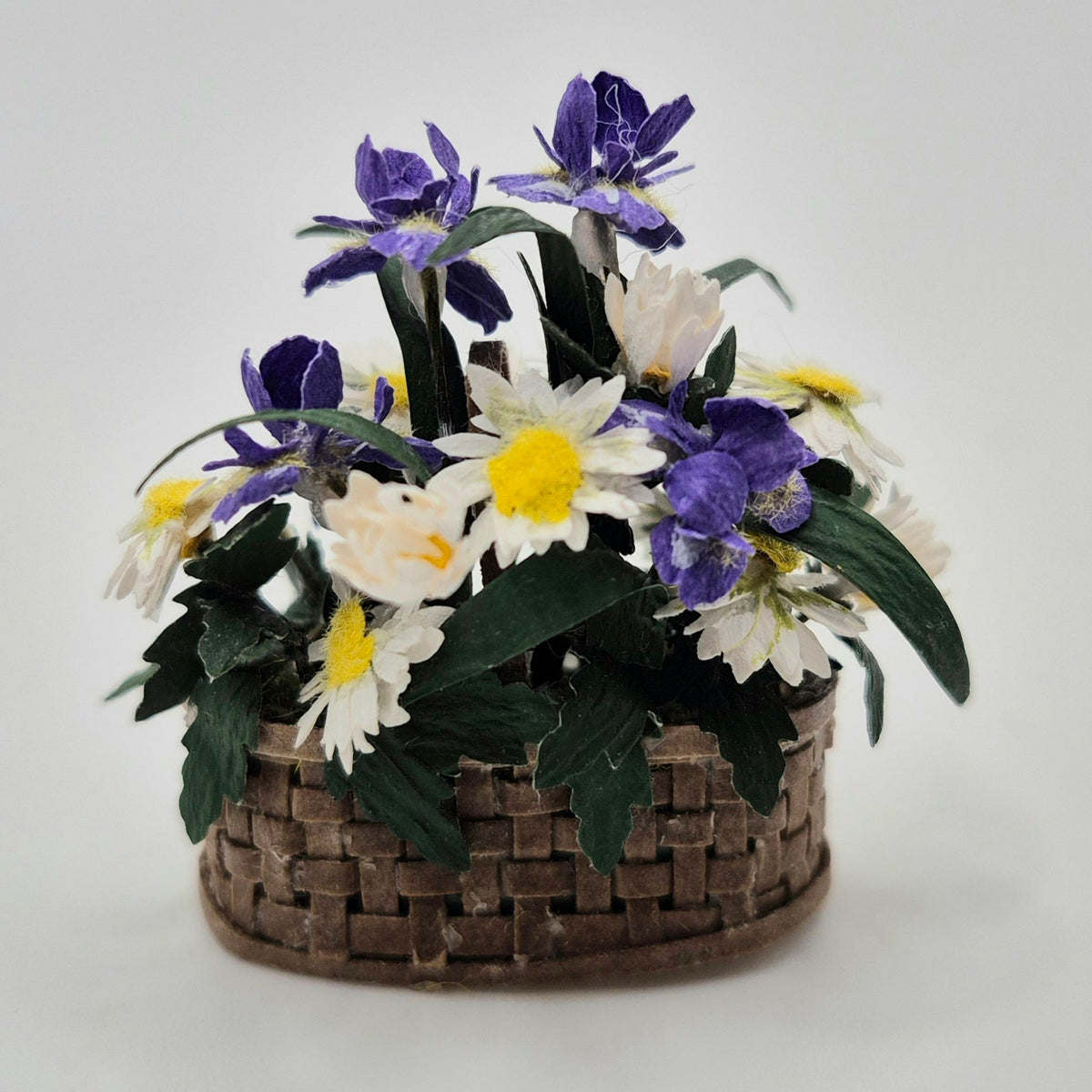 Handmade Vintage Basket of Iris and Daisies - 1/12 Scale Dollhouse Miniature