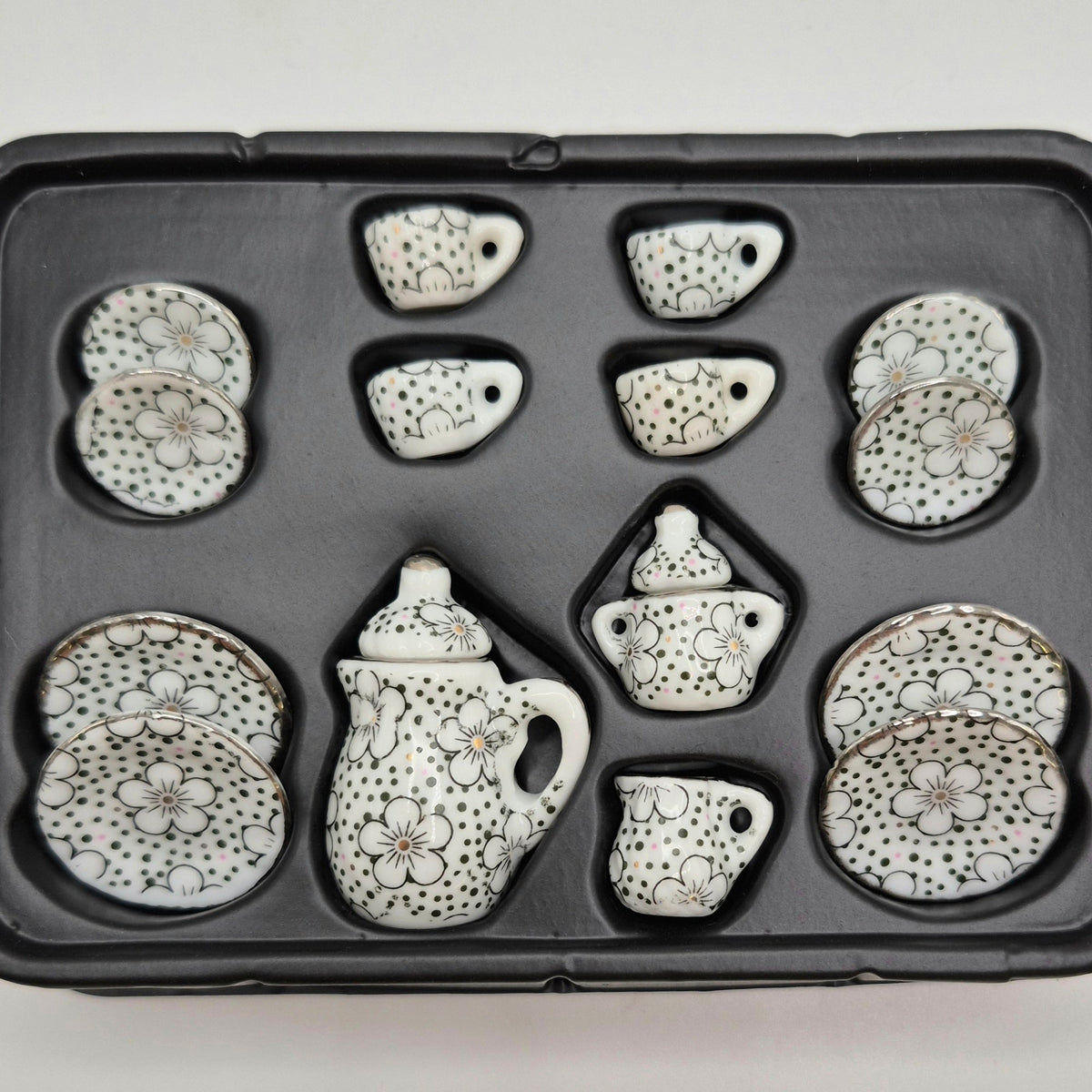 Ceramic Flowers and Polka Dots Tea Set - 17 Pieces - 1/12 Scale Dollhouse Miniature