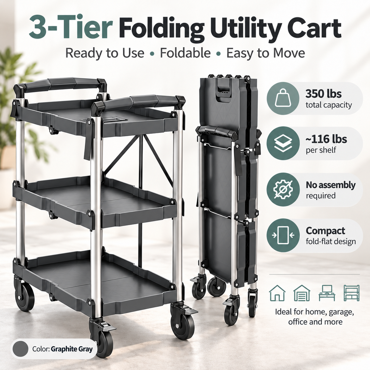 3-Tier Folding Utility Cart, 350 Lbs Heavy Duty Rolling Cart with Wheels, No Assembly Foldable Storage Trolley for Garage, Kitchen, Office
