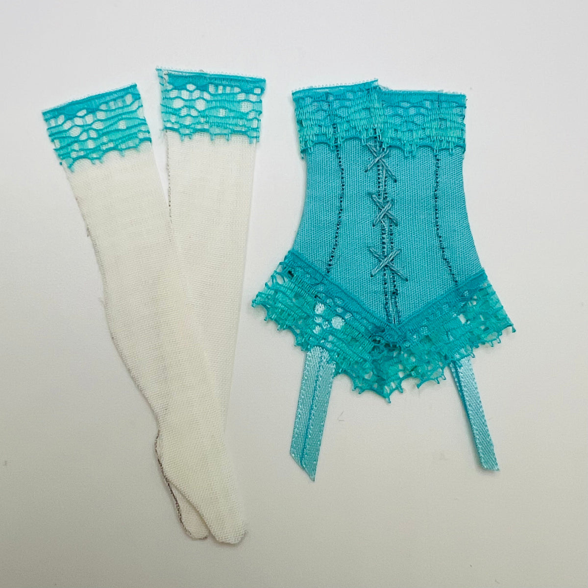Handmade Blue Laced Corset with Stockings - 1/12 Scale Dollhouse Miniature