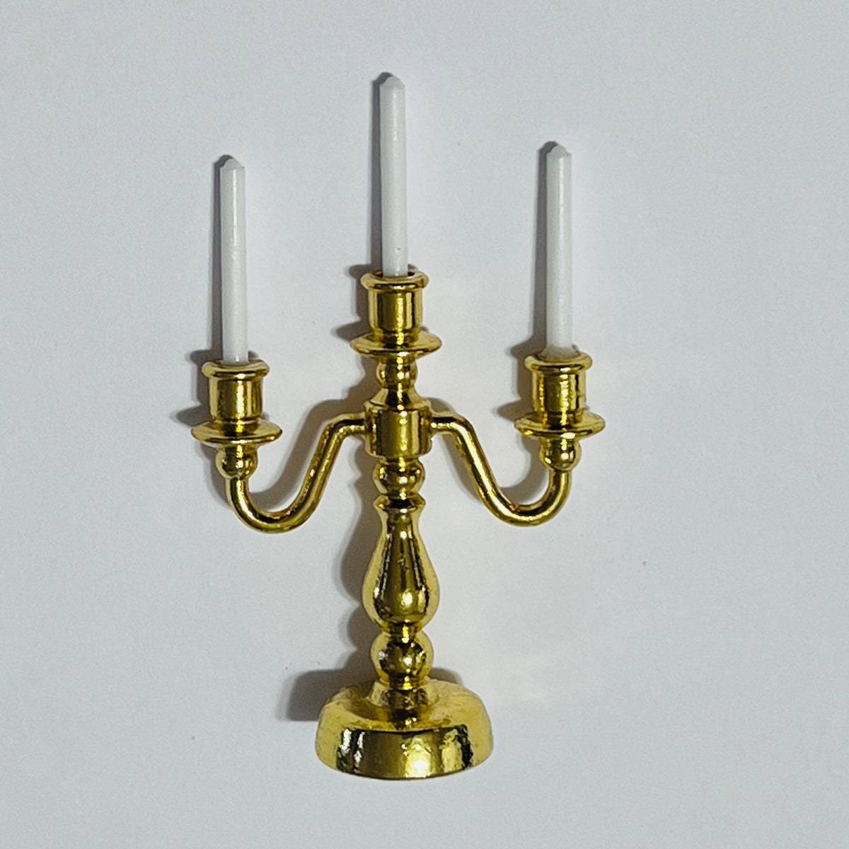 3-Arm Gold Candelabra with White Candles - 1/12 Scale Dollhouse Miniature