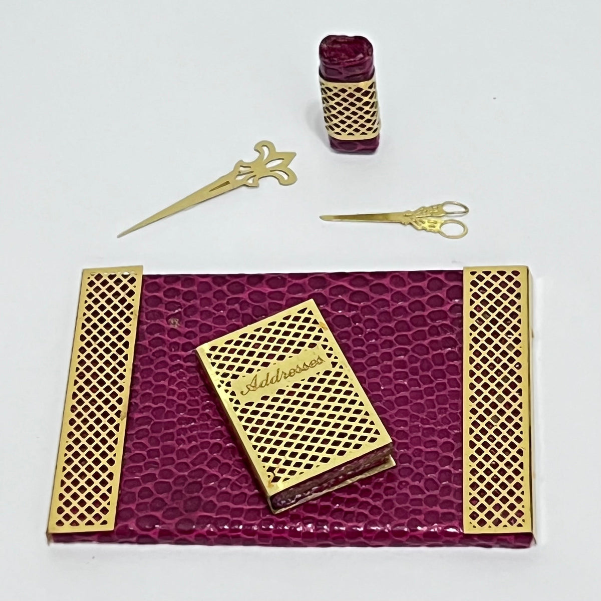 Desk Set - Desk Pad, Address Book, Scissors and Letter Opener - 1/12 Scale Dollhouse Miniature