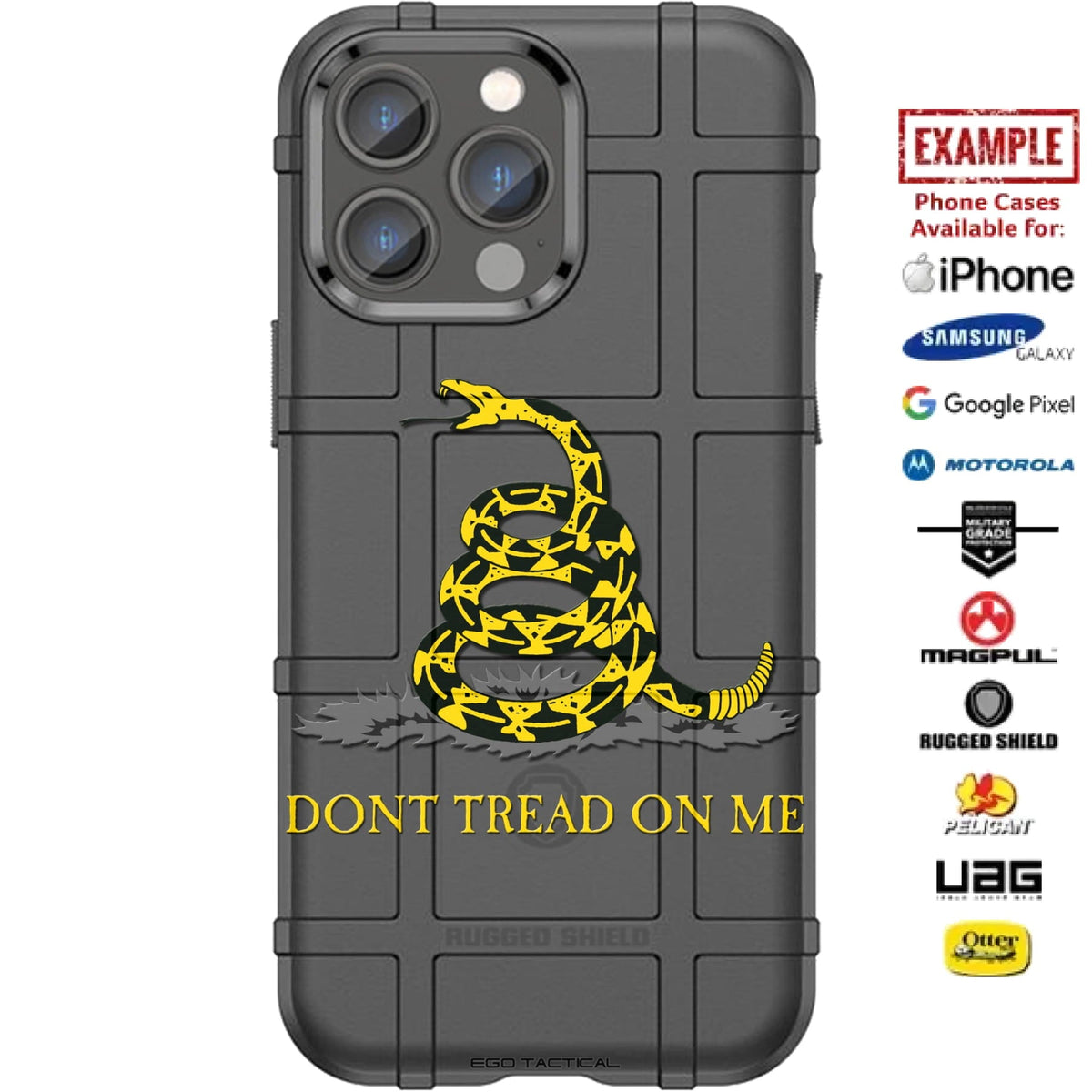 Yellow Don't Tread on Me Gadsden Snake on Black Custom Printed Case Design for Apple, Samsung, Google & Motorola Phone Models