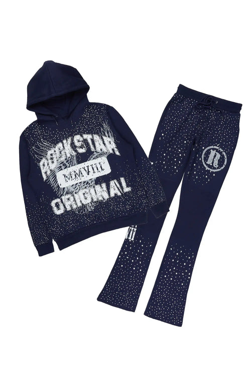 Borya Navy 2.0 Rhinestone Hoodie/Stacked Pant Track Set