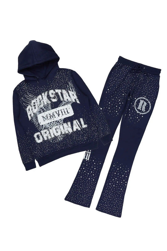 Borya Navy 2.0 Rhinestone Hoodie/Stacked Pant Track Set