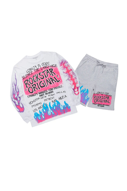 Beno White/Grey Oversized Long Sleeve T-Shirt Short Set