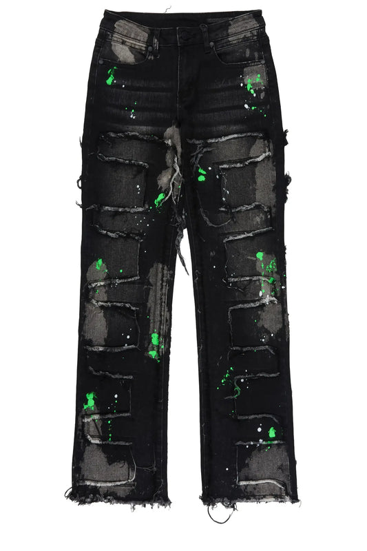 Boys Bann Black/Green Stacked Painter Flare Jean