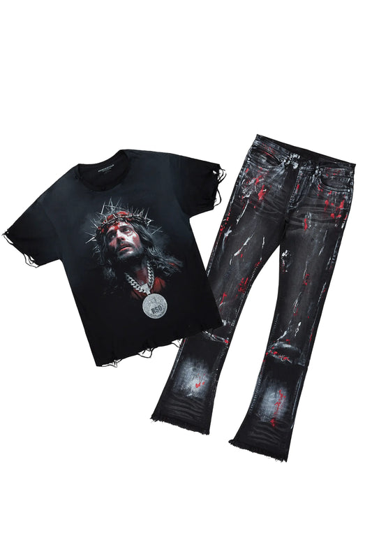 Amina Black/Red T-Shirt/Stacked Flare Jean Set