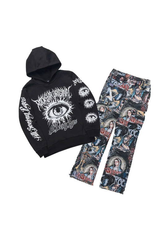 Boys All Eyes Black Hoodie & Dalai Multi Stacked Jean Set