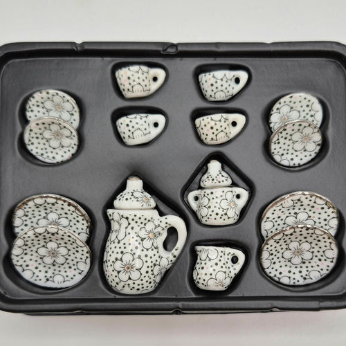 Ceramic Flowers and Polka Dots Tea Set - 17 Pieces - 1/12 Scale Dollhouse Miniature