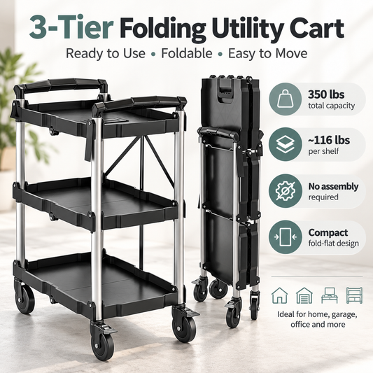 3-Tier Folding Utility Cart, 350 Lbs Heavy Duty Rolling Cart with Wheels, No Assembly Foldable Storage Trolley for Garage, Kitchen, Office