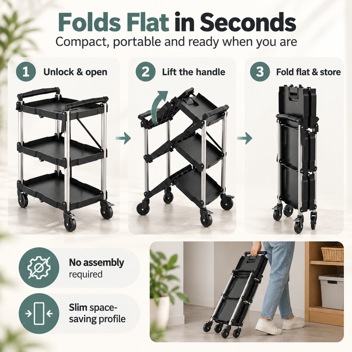 3-Tier Folding Utility Cart, 350 Lbs Heavy Duty Rolling Cart with Wheels, No Assembly Foldable Storage Trolley for Garage, Kitchen, Office