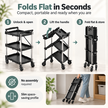 3-Tier Folding Utility Cart, 350 Lbs Heavy Duty Rolling Cart with Wheels, No Assembly Foldable Storage Trolley for Garage, Kitchen, Office