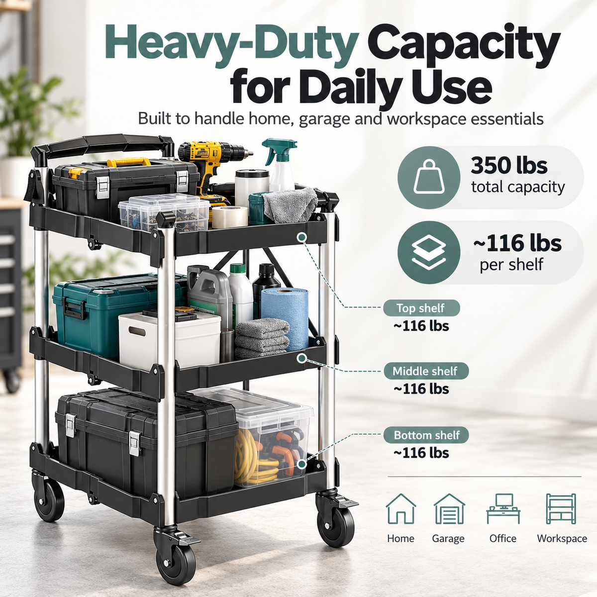 3-Tier Folding Utility Cart, 350 Lbs Heavy Duty Rolling Cart with Wheels, No Assembly Foldable Storage Trolley for Garage, Kitchen, Office