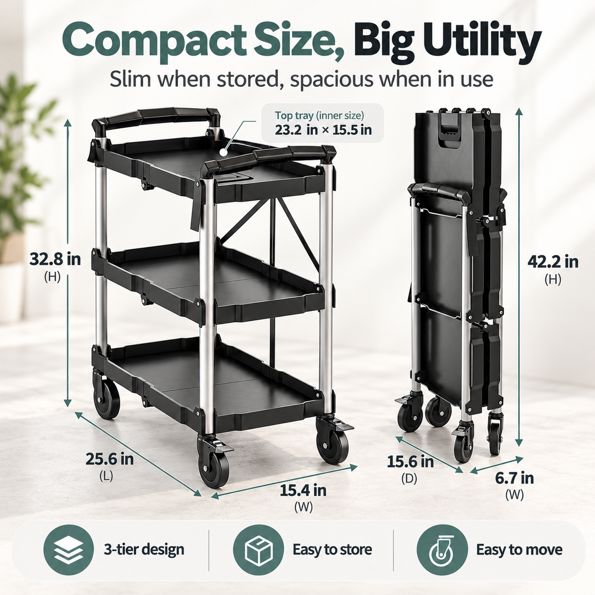 3-Tier Folding Utility Cart, 350 Lbs Heavy Duty Rolling Cart with Wheels, No Assembly Foldable Storage Trolley for Garage, Kitchen, Office