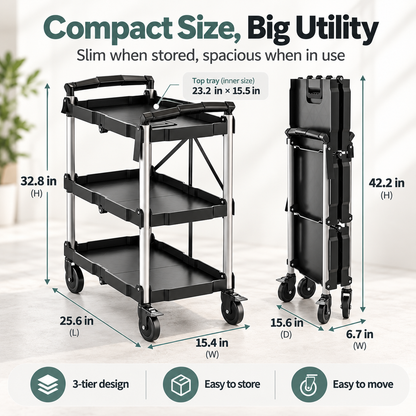 3-Tier Folding Utility Cart, 350 Lbs Heavy Duty Rolling Cart with Wheels, No Assembly Foldable Storage Trolley for Garage, Kitchen, Office
