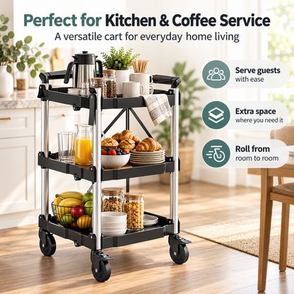 3-Tier Folding Utility Cart, 350 Lbs Heavy Duty Rolling Cart with Wheels, No Assembly Foldable Storage Trolley for Garage, Kitchen, Office
