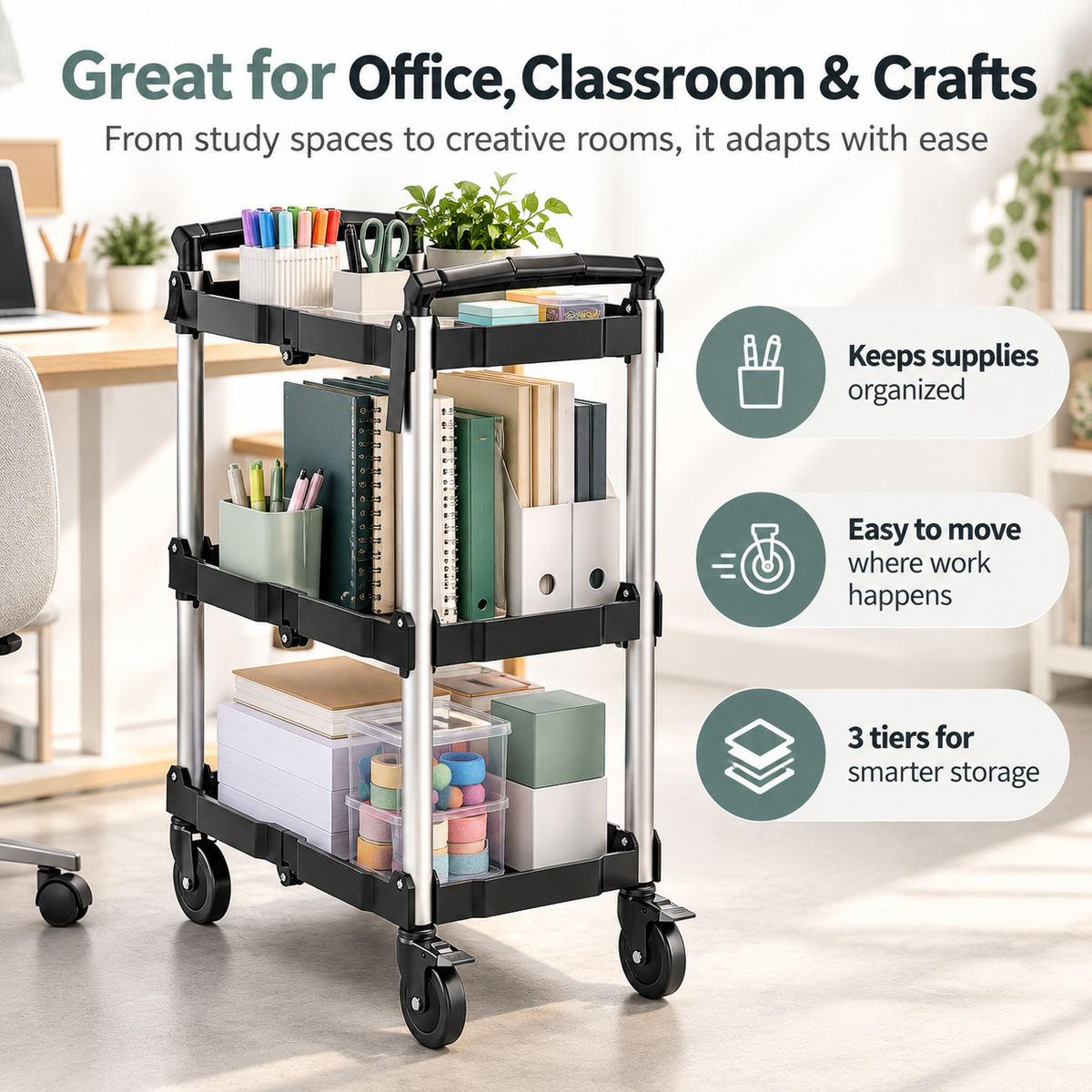 3-Tier Folding Utility Cart, 350 Lbs Heavy Duty Rolling Cart with Wheels, No Assembly Foldable Storage Trolley for Garage, Kitchen, Office
