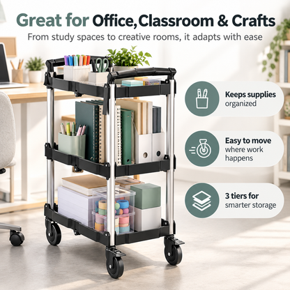 3-Tier Folding Utility Cart, 350 Lbs Heavy Duty Rolling Cart with Wheels, No Assembly Foldable Storage Trolley for Garage, Kitchen, Office