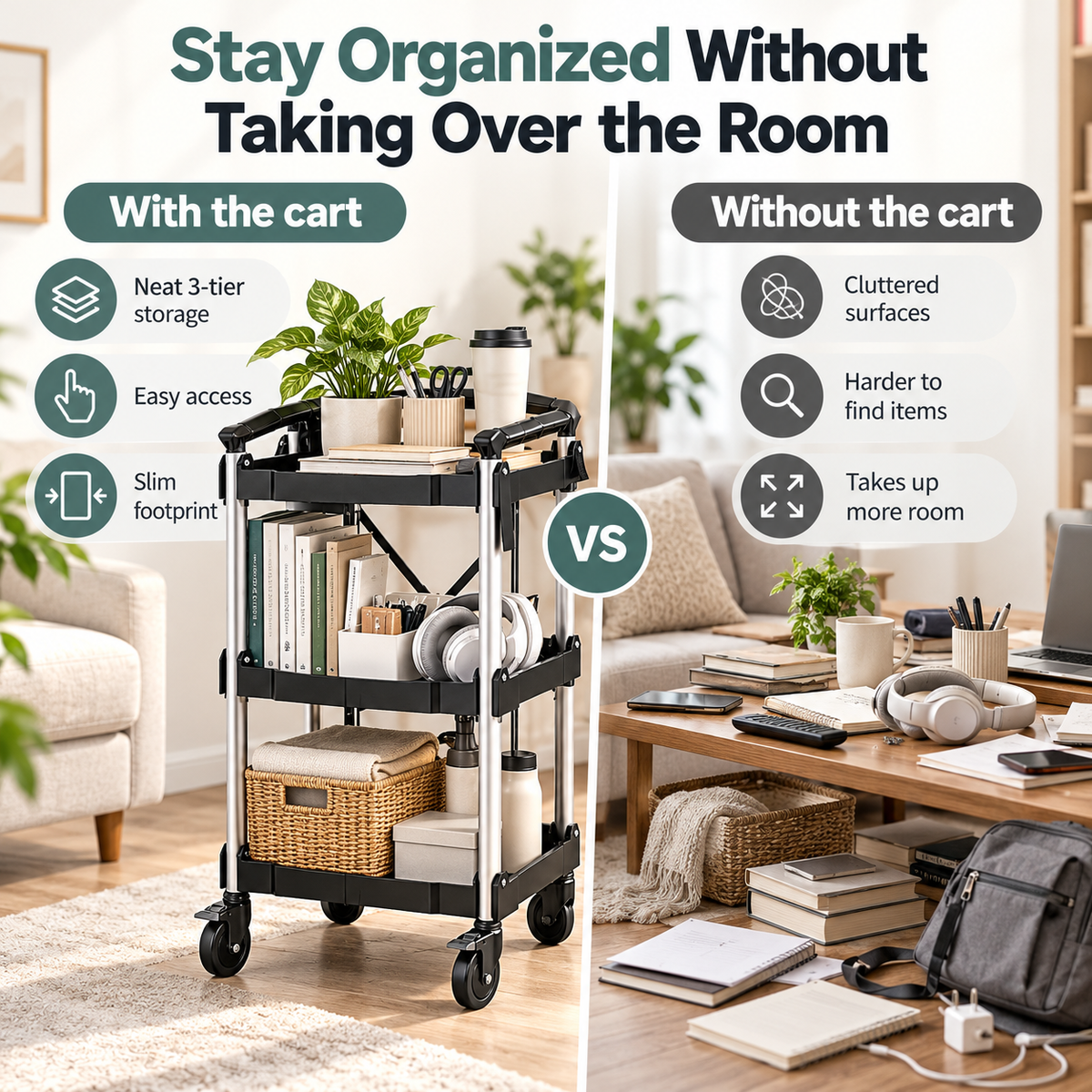 3-Tier Folding Utility Cart, 350 Lbs Heavy Duty Rolling Cart with Wheels, No Assembly Foldable Storage Trolley for Garage, Kitchen, Office