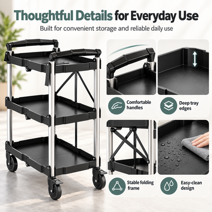 3-Tier Folding Utility Cart, 350 Lbs Heavy Duty Rolling Cart with Wheels, No Assembly Foldable Storage Trolley for Garage, Kitchen, Office