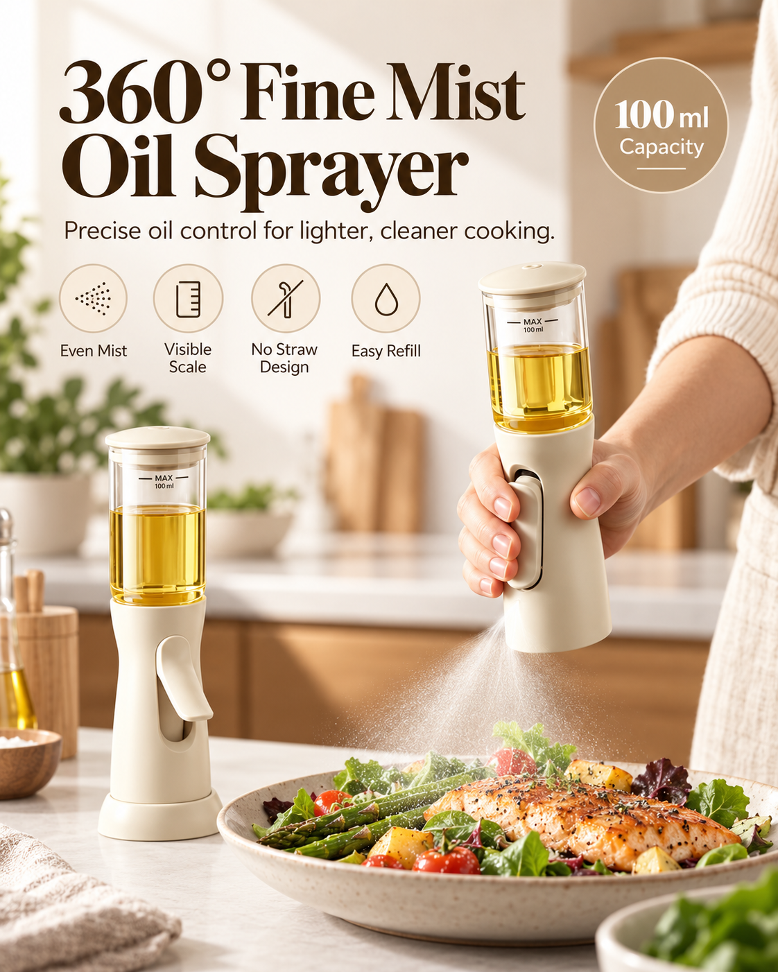 Glass Oil Sprayer, 100ml 360° Fine Mist Oil Spray Bottle for Air Fryers, Salads, BBQ, and Pan Cooking