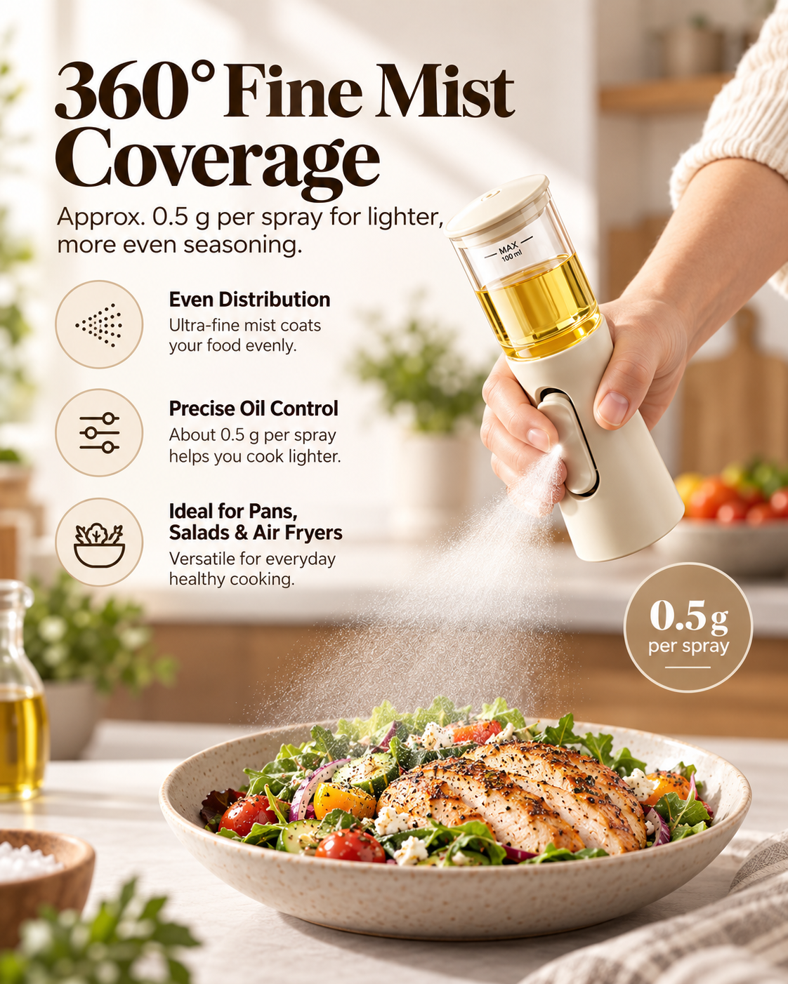 Glass Oil Sprayer, 100ml 360° Fine Mist Oil Spray Bottle for Air Fryers, Salads, BBQ, and Pan Cooking