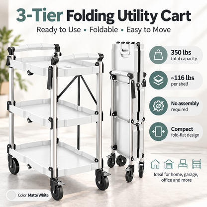 3-Tier Folding Utility Cart, 350 Lbs Heavy Duty Rolling Cart with Wheels, No Assembly Foldable Storage Trolley for Garage, Kitchen, Office