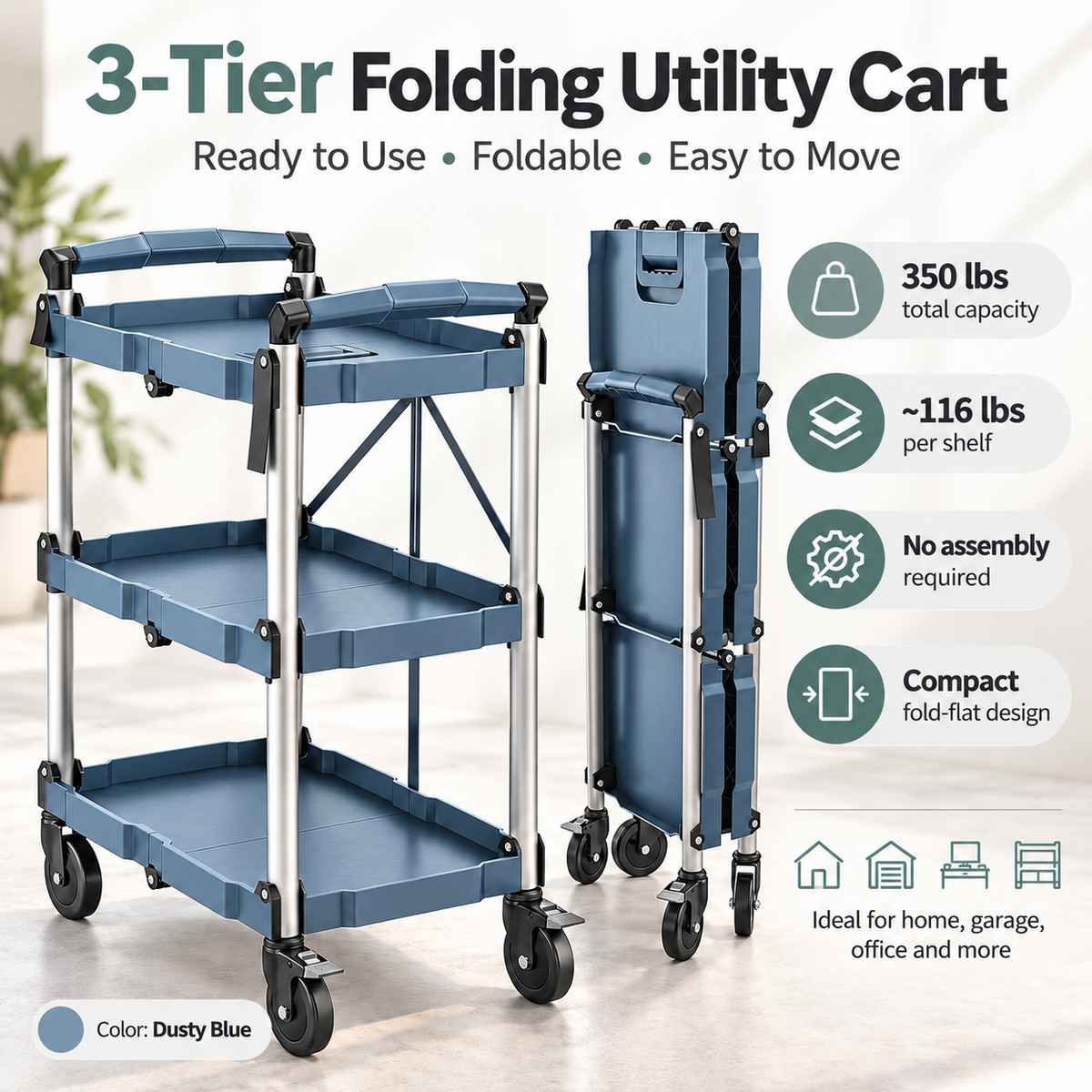 3-Tier Folding Utility Cart, 350 Lbs Heavy Duty Rolling Cart with Wheels, No Assembly Foldable Storage Trolley for Garage, Kitchen, Office