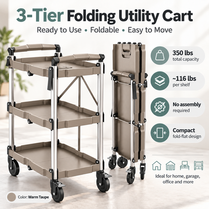 3-Tier Folding Utility Cart, 350 Lbs Heavy Duty Rolling Cart with Wheels, No Assembly Foldable Storage Trolley for Garage, Kitchen, Office