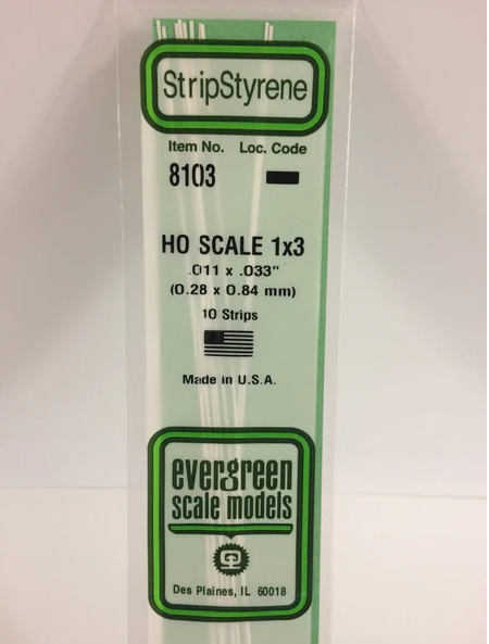 Evergreen HO Strips - 1" x 3" - Opaque White Polystyrene - #8103