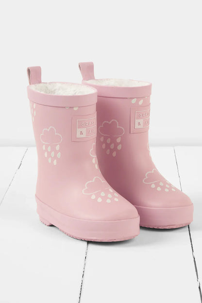 Grass & Air - Colour Changing Kids Wellies with Teddy Fleece Lining - Baby Pink
