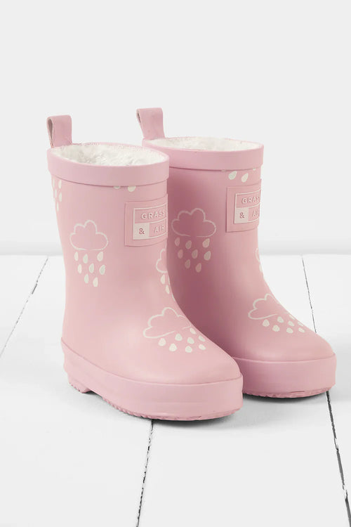 Grass & Air - Colour Changing Kids Wellies with Teddy Fleece Lining - Baby Pink