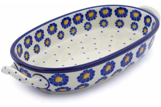9" Oval Baker with Handles Blue Zinnia - Polish Pottery- Ceramika Artystyczna