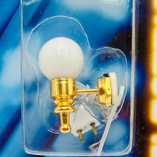 Brass Wall Sconce with White Globe - 12 Volt - 1/12 Scale Dollhouse Miniature
