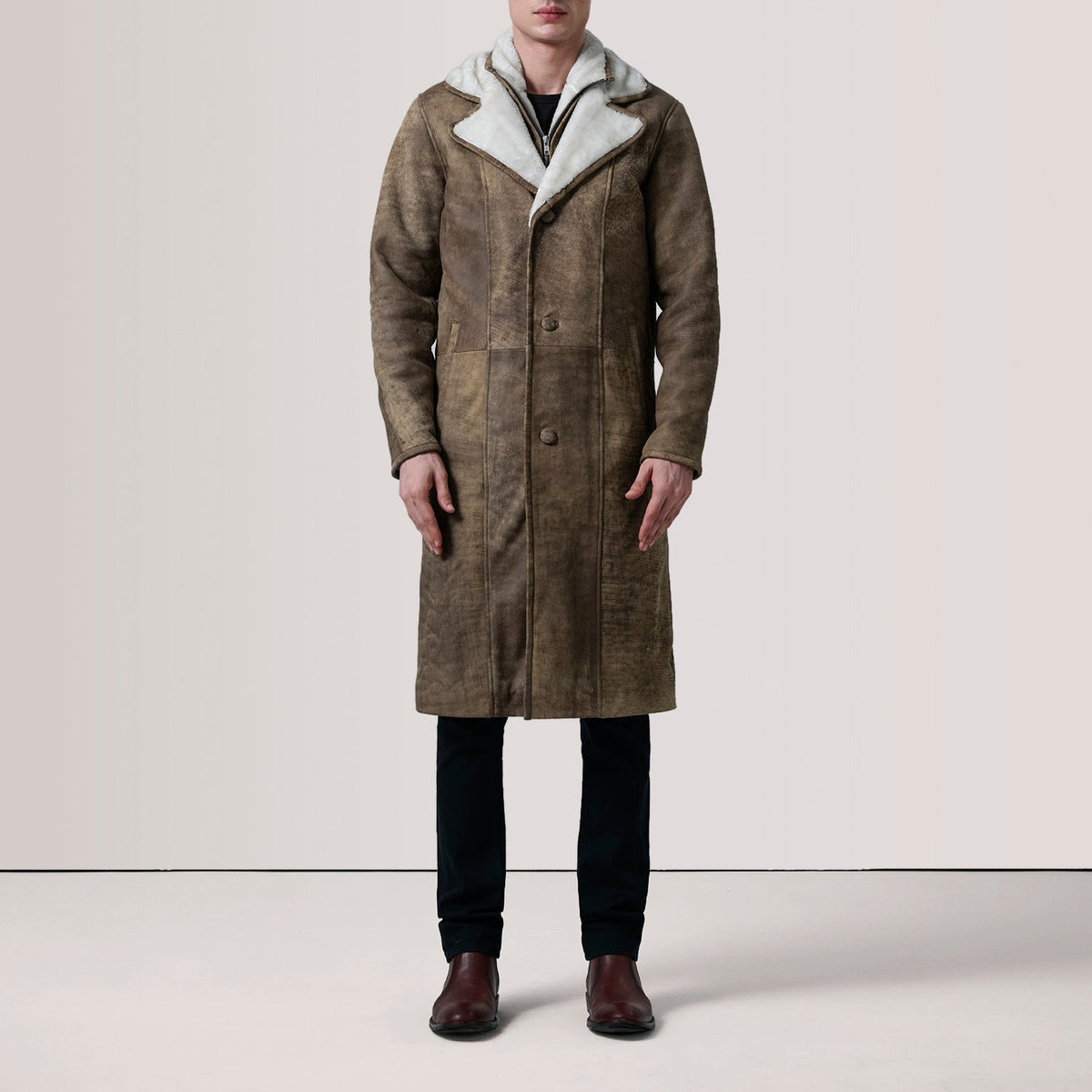 Cai Distressed Brown Leather Shearling Coat