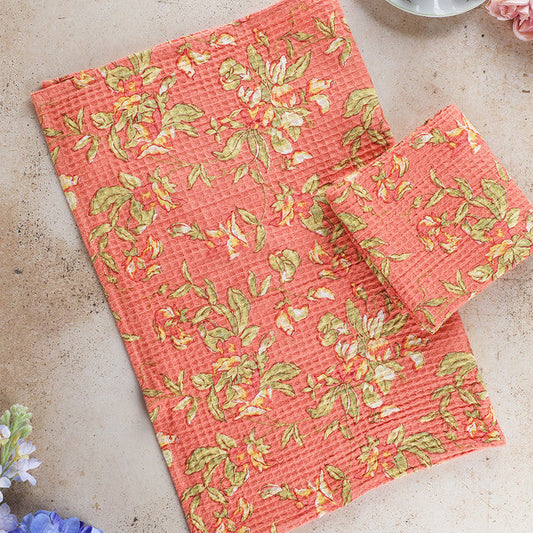 April Cornell - Sweet Pea Waffle Weave Tea Towel - Coral