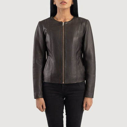 Elixir Brown Collarless Leather Jacket