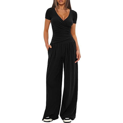 2 Pieces Women's V Neck Short-sleeve Sportswear Top And Wide-leg Pants Set Casual Comfortable Outfit Set For Daily Wear Gym Sports Outfit