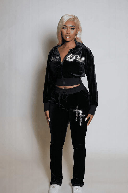 Atalaya Black Stacked Rhinestone Velour Trackset