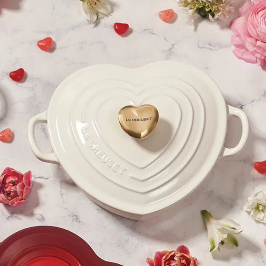 Le Creuset Shallow Heart Baker with Gold Heart Knob - White